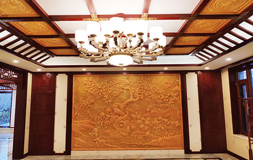 濉溪中式别墅客厅中式木作横梁吊顶装饰展示
